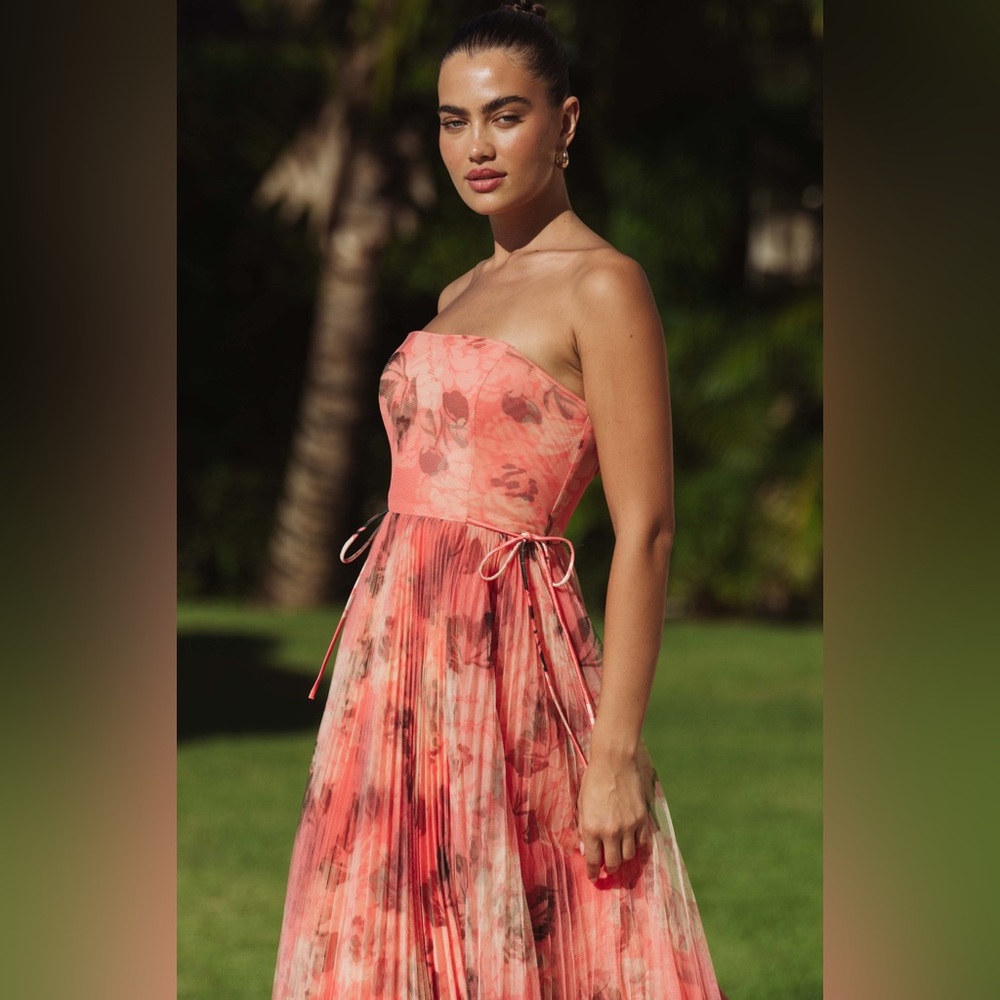 Hutch Coral Floral Strapless Pleated Midi Dress - Picture 5 of 9